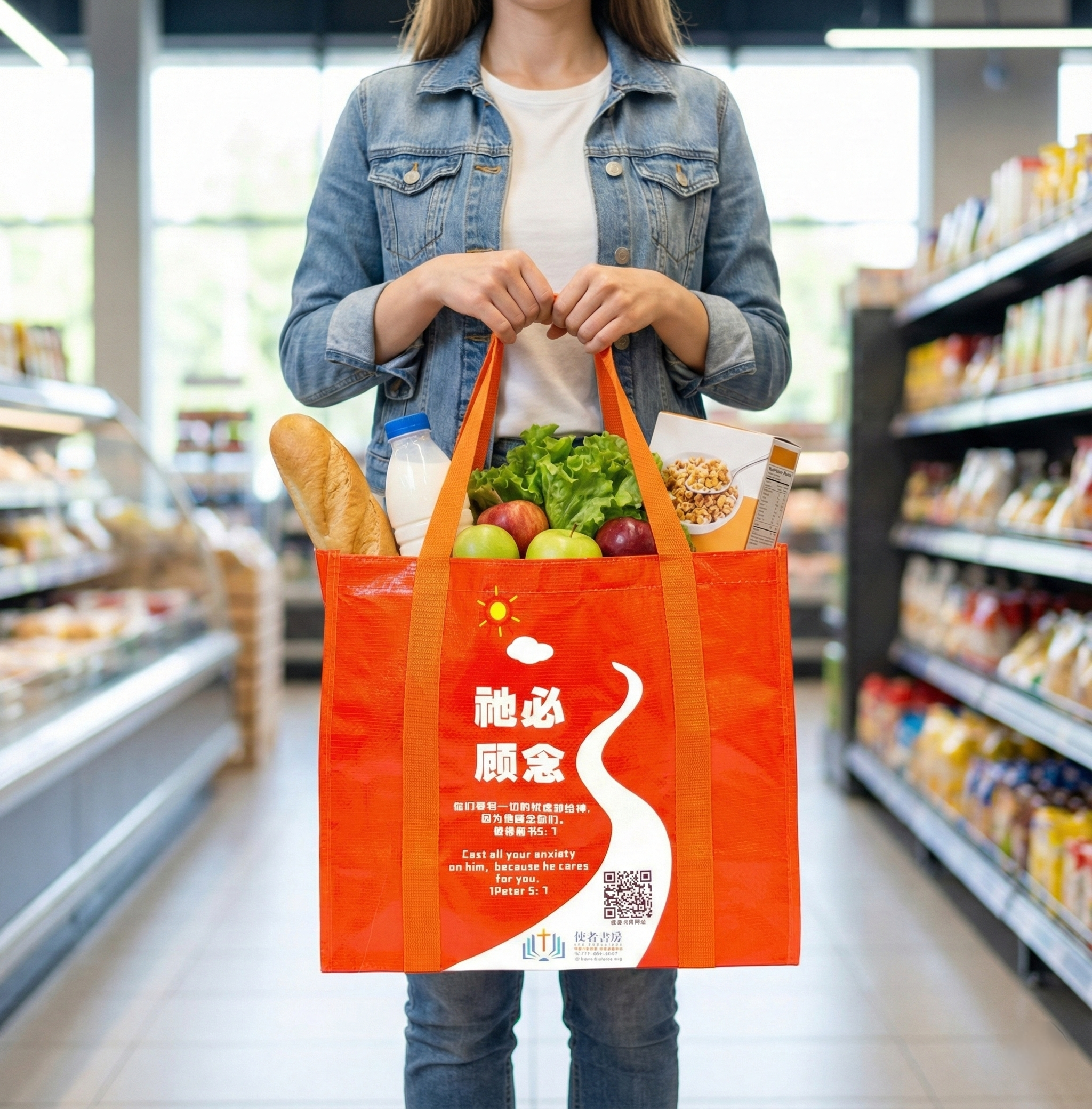 顾念随身袋-防水结实容量大-祂必顾念-彼得前书5:7中英对照-橘红色 (限时免运费+两款颜色任选10个以上特价$5) orange bag